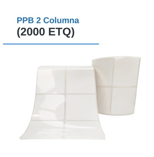 ROLLO DE ETIQUETAS ADHESIVAS PLASTIFICADAS PPB 2" X 2" X 2000 ETQ. X 2COL, TUCO 1" (50mm X 50mm)